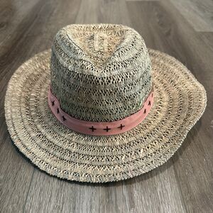 Woven Seagrass Straw Fedora Sun Hat Pink Faux Suede Band One Size
